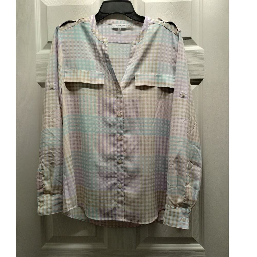 Calvin Klein Womens Size Large Pastel Check Long Sleeve Roll-Tab Button Up Shirt